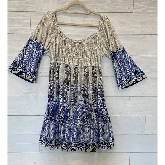 Muse X Boston Proper Dress Womens Size 12 Babydoll Blue Tan Loose Bohemian Mini - Picture 10 of 10